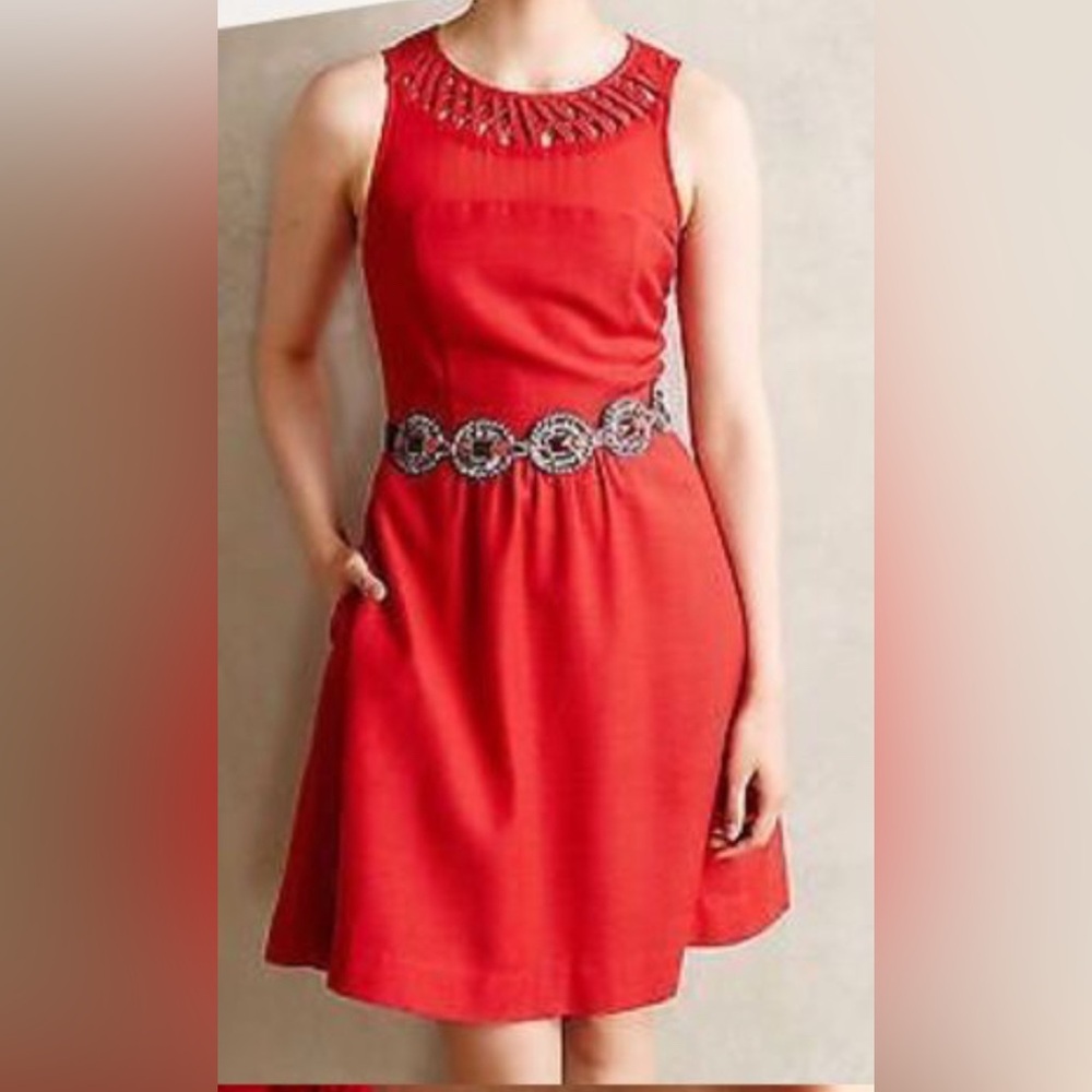 NWT Anthropologie red lattice trim neck sleeveless dress